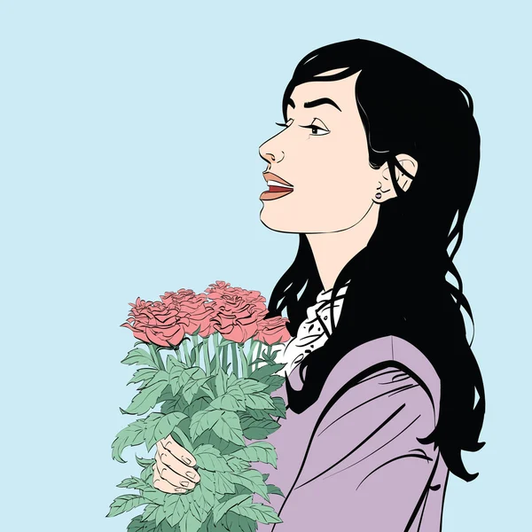 Linda morena com um buquê de flores de rosas —  Vetores de Stock