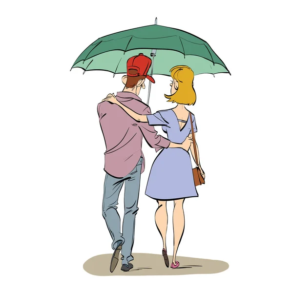 Back a couple man and woman walking under an umbrella — Stock Vector