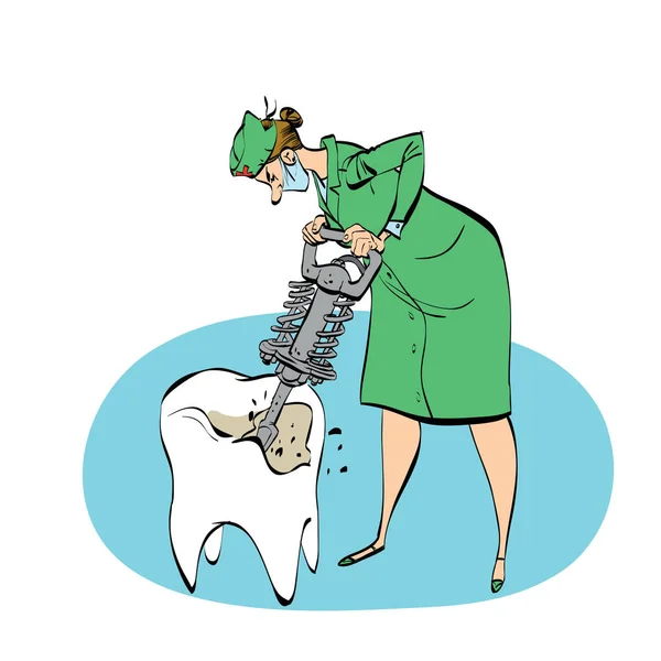 El dentista perfora un diente ilustración humorística — Vector de stock