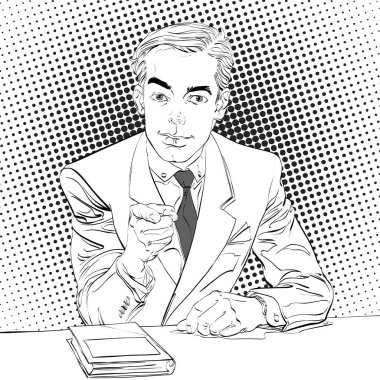 Adam, yarı ton siyah ve beyaz arka plan pop sanat işaret