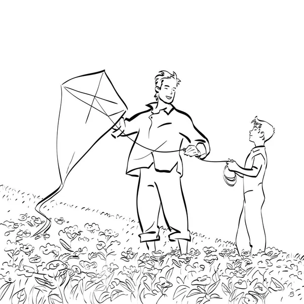 Apa és fia, a kite repülő — Stock Vector