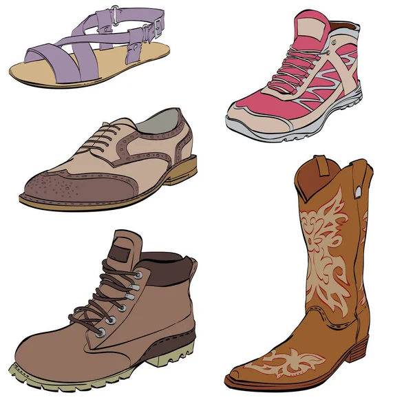 Set of mens shoes, sneakers dress boots and sandals — Stock Vector