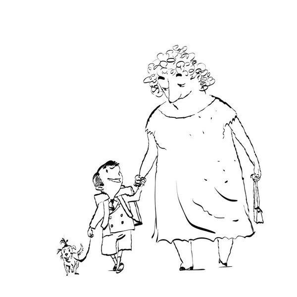 Babička, vnuk a pes na procházce — Stockový vektor