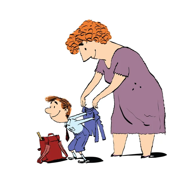 Mormor eller barnflicka medföljer hennes sonson till skolan — Stock vektor
