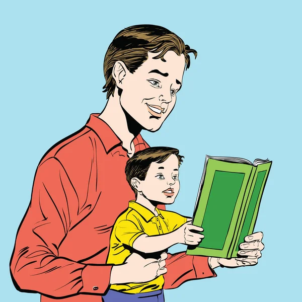Apa és fia könyvet olvasnak. — Stock Vector
