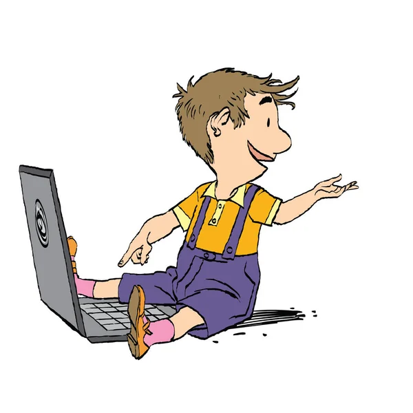 Le garçon est assis avec son ordinateur portable — Image vectorielle