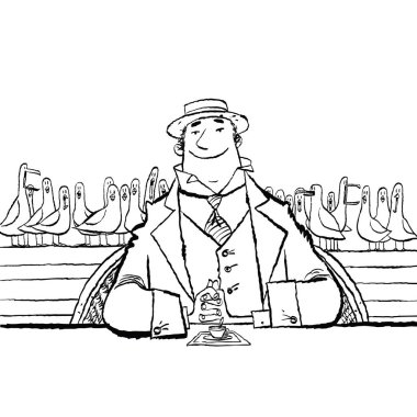 Deniz kenarında bir lokantada neşeli retro adam