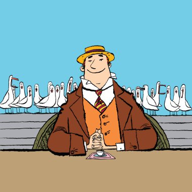 Deniz kenarında bir lokantada neşeli retro adam