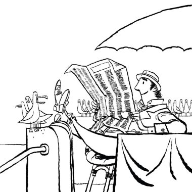 Retro adam denizin kenarında bir gazete okuyor