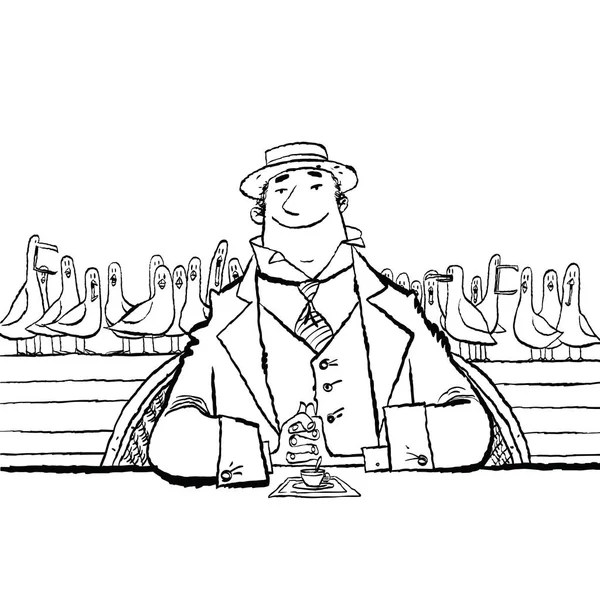 Deniz kenarında bir lokantada neşeli retro adam