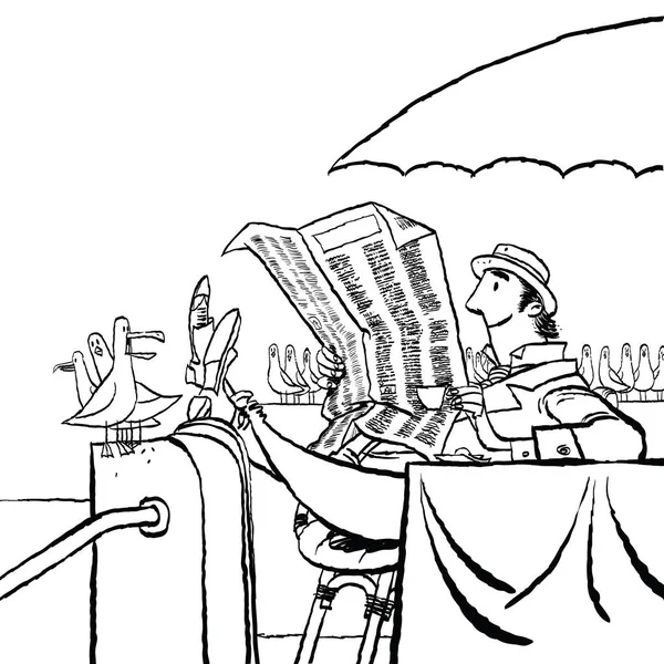 Retro adam denizin kenarında bir gazete okuyor