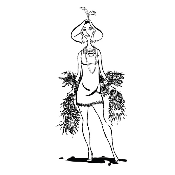 Ρετρό κυρία με φτερό στρουθοκάμηλου κασκόλ — Διανυσματικό Αρχείο