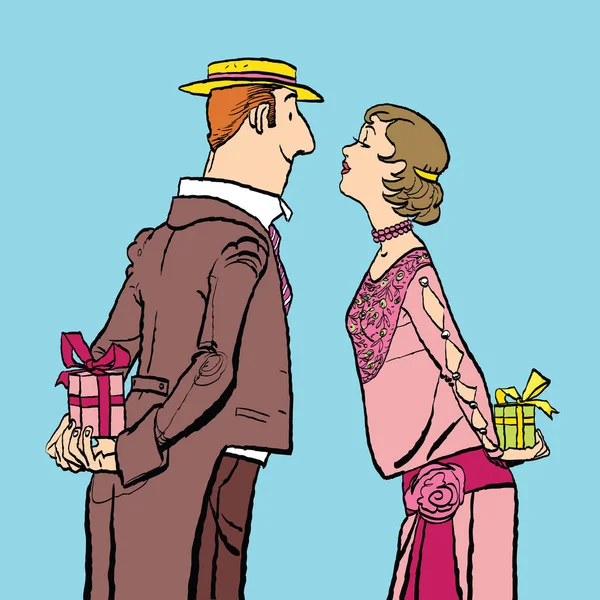 Valentýn, pár muž a žena dávat dárky — Stockový vektor