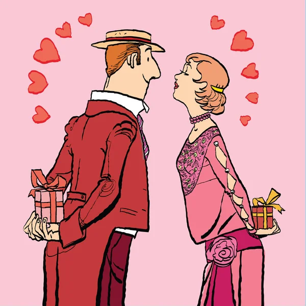 Valentinstag, ein Paar Mann und Frau beschenkt lizenzfreie Stockillustrationen