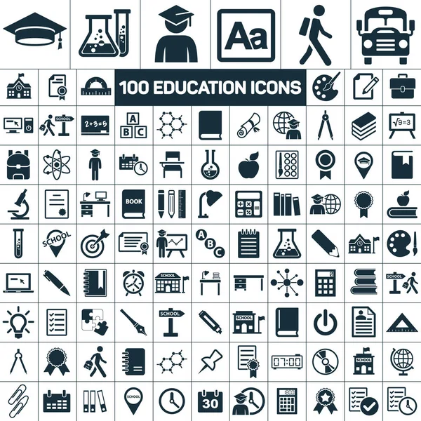Beyaz arka plan üzerinde 100 eğitim okulu mezuniyet Icons set