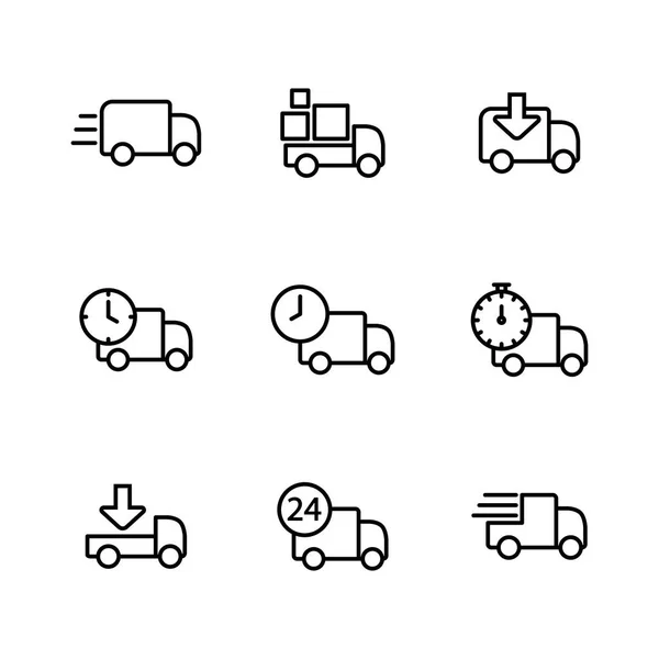 Icônes de camion de livraison définir une ligne mince — Image vectorielle