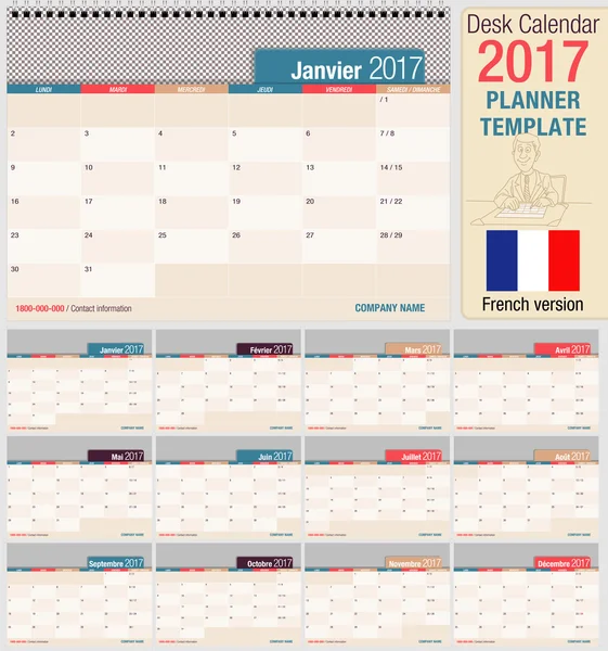 便利な卓上カレンダー 2017 - プランナー テンプレート。水平線の書式。フランス語版 — ストックベクタ