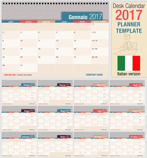 Χρήσιμο επιτραπέζιο ημερολόγιο 2017 - Planner πρότυπο. Οριζόντια μορφή. Ιταλική έκδοση — Διανυσματικό Αρχείο