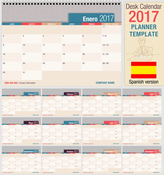 Χρήσιμο επιτραπέζιο ημερολόγιο 2017 - Planner πρότυπο. Οριζόντια μορφή. Ισπανική έκδοση — Διανυσματικό Αρχείο
