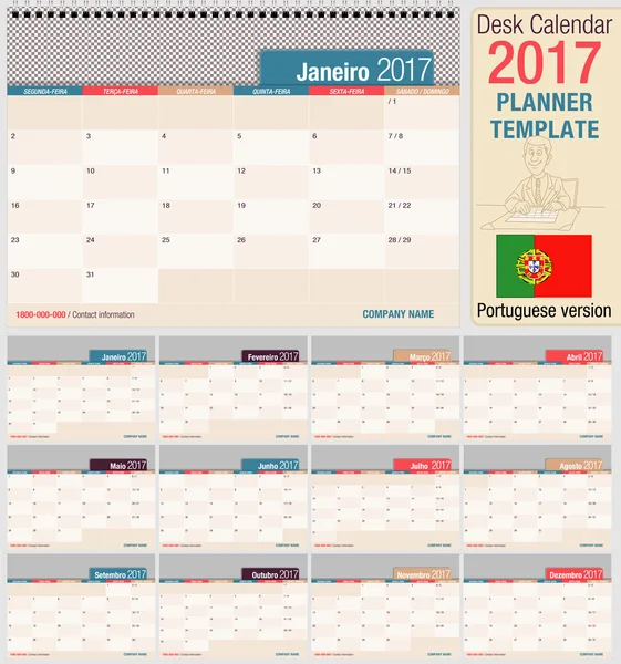 Χρήσιμο επιτραπέζιο ημερολόγιο 2017 - Planner πρότυπο. Οριζόντια μορφή. Πορτογαλική έκδοση — Διανυσματικό Αρχείο