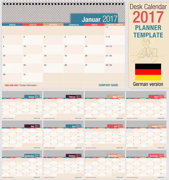 Nuttige bureaukalender 2017 - Planner sjabloon. Formaat horizontaal. Duitse versie — Stockvector