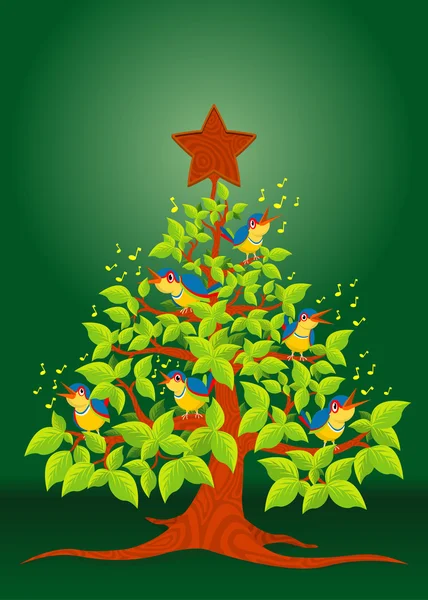Albero di Natale con uccelli colorati che cantano e stella di legno su sfondo verde - Immagine vettoriale — Vettoriale Stock