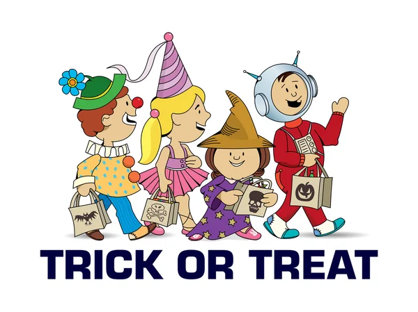 Doce ou travessura - Crianças caminhando pedindo doces - Halloween — Vetor de Stock