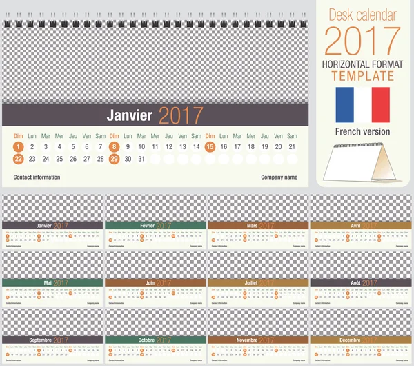 Plantilla útil de calendario triangular de escritorio 2017, lista para imprimir. Tamaño: 220mm x 120mm. Formato horizontal. Versión francesa — Archivo Imágenes Vectoriales