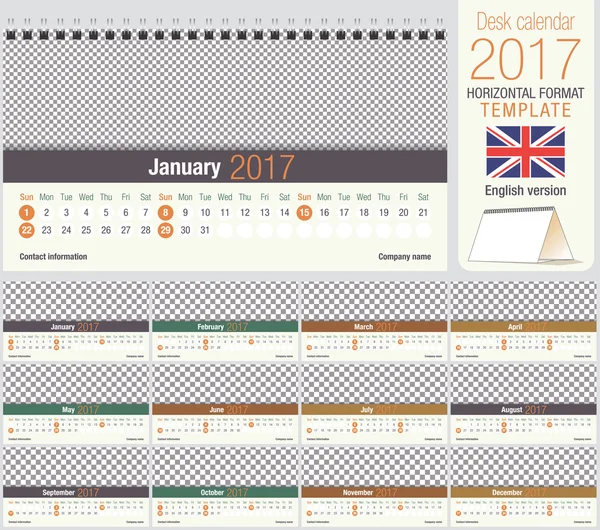 Nuttige Bureau driehoek 2017 kalendersjabloon, klaar om af te drukken. Grootte: 220 mm x 120 mm. horizontale indeling. Engelse versie — Stockvector