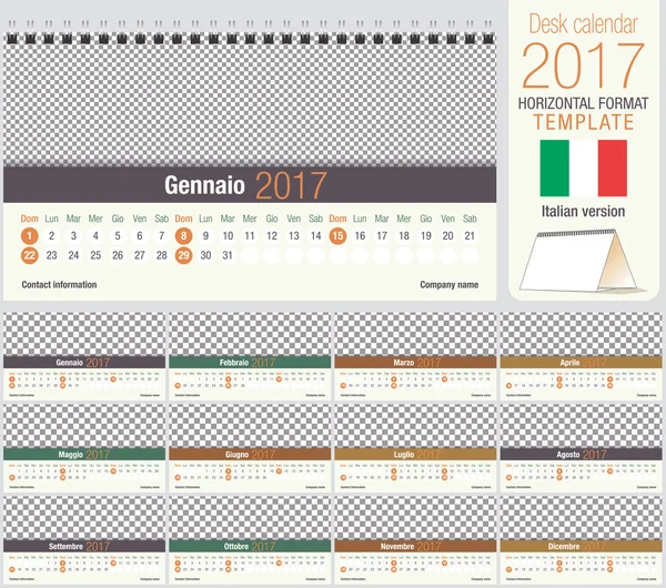 Nuttige Bureau driehoek 2017 kalendersjabloon, klaar om af te drukken. Grootte: 220 mm x 120 mm. horizontale indeling. Italiaanse versie — Stockvector