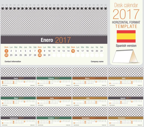 Nuttige Bureau driehoek 2017 kalendersjabloon, klaar om af te drukken. Grootte: 220 mm x 120 mm. horizontale indeling. Spaanse versie — Stockvector