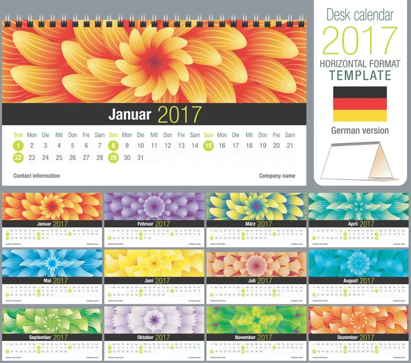 Bureau driehoek 2017 kalendersjabloon met abstract floral design, klaar om af te drukken. Grootte: 220 mm x 120 mm. horizontale indeling. Duitse versie — Stockvector