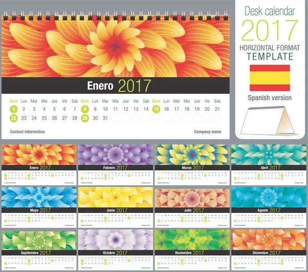 Calendario triángulo escritorio 2017 plantilla con diseño floral abstracto, listo para imprimir. Tamaño: 220mm x 120mm. Formato horizontal. Versión en español — Vector de stock