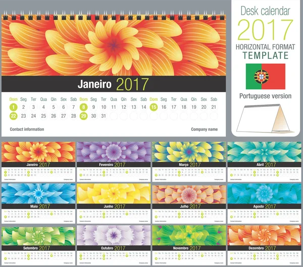 Calendario triángulo escritorio 2017 plantilla con diseño floral abstracto, listo para imprimir. Tamaño: 220mm x 120mm. Formato horizontal. Versión en portugués — Vector de stock