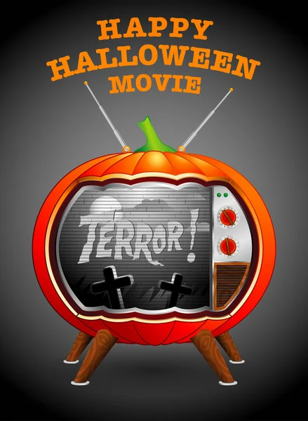 Zucca a forma di TV che proietta un vecchio film horror in bianco e nero - sfondo Halloween — Vettoriale Stock
