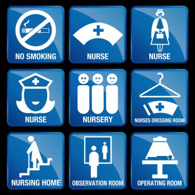 Tıbbi simgeleri mavi kare planda - No Smoking, hemşire, çocuk odası, hemşireler soyunma odası, Huzurevi, gözlem odası, ameliyathane ayarla