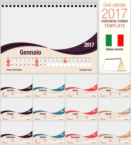 Bureau driehoek 2017 kalendersjabloon. Afmeting: 210 mm x 150 mm. formaat A5. Vector afbeelding. Italiaanse versie — Stockvector