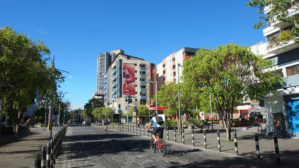 キト、アメリカ合衆国/エクアドル - 2016 年 11 月 6 日: 日曜日の午前中にリオ アマゾナス アベニューで自転車道を渡るサイクリスト — ストック写真