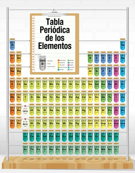 TABLA PERIODICA DE LOS ELEMENTOS - Tabla periódica de elementos en lengua española- consistente en tubos de ensayo con los nombres y el número de cada elemento - Química — Vector de stock