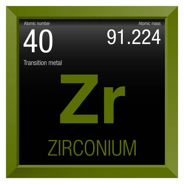 Simbolo dello zirconio. Elemento numero 40 della Tavola periodica degli elementi - Chimica - Cornice quadrata verde con fondo nero — Vettoriale Stock