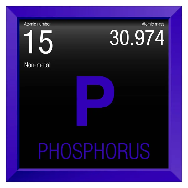 Simbolo del fosforo. Elemento numero 15 della Tavola periodica degli elementi - Chimica - Cornice quadrata viola con sfondo nero — Vettoriale Stock