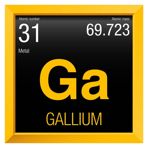 Simbol Galium. Unsur nomor 31 Tabel Periodik Elemen Kimia - Bingkai persegi kuning dengan latar belakang hitam - Stok Vektor
