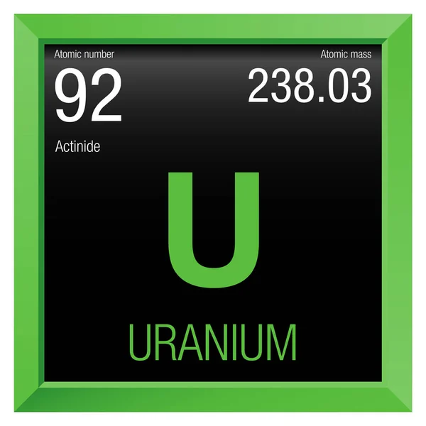 Simbolo di uranio. Elemento 92 della Tavola periodica degli elementi - Chimica - Cornice quadrata verde con fondo nero — Vettoriale Stock