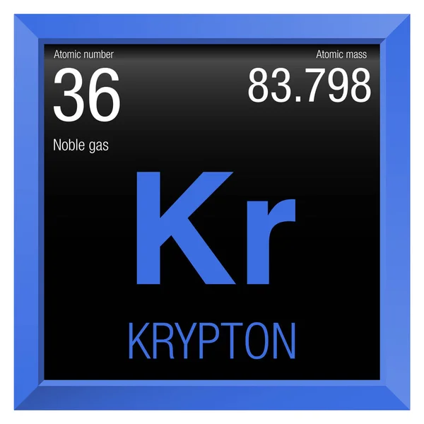 Simbolo di Krypton. Elemento numero 36 della Tavola periodica degli elementi - Chimica - Quadratura blu con fondo nero — Vettoriale Stock