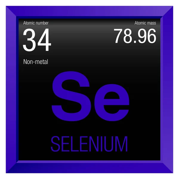 Simbolo di selenio. Elemento numero 34 della Tavola periodica degli elementi - Chimica - Cornice quadrata viola con sfondo nero — Vettoriale Stock
