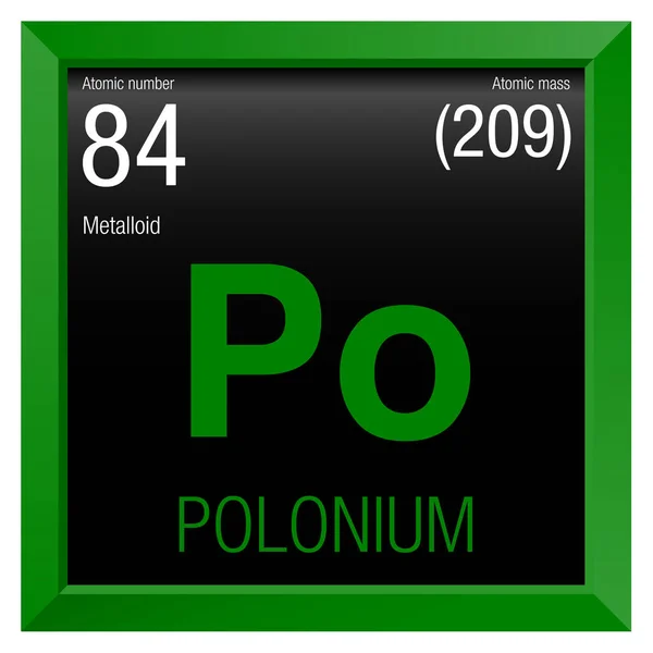 Polonium-symbool. Element nummer 84 van de periodieke tabel van de elementen - chemie - groene vierkant frame met zwarte achtergrond — Stockvector