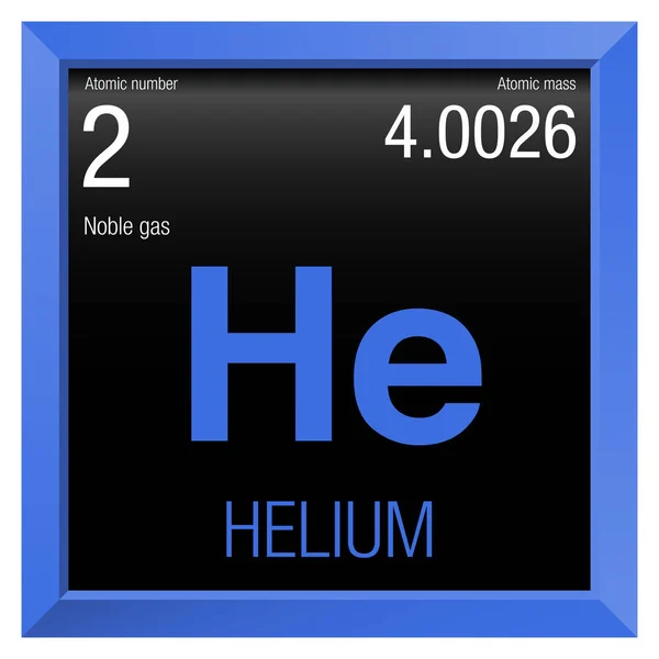 Simbol helium. Unsur nomor 2 Tabel Periodik Elemen Kimia - Bingkai persegi biru dengan latar belakang hitam - Stok Vektor