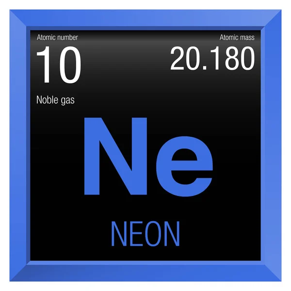 Neon symbol. Element numer 10 okresowego pierwiastków - chemii - niebieski kwadrat ramki z czarnym tłem — Wektor stockowy