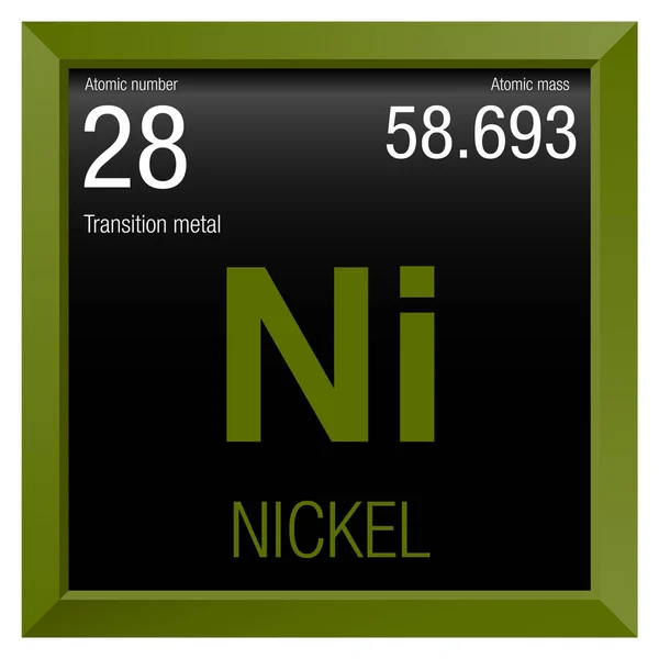니켈 기호입니다. 요소 번호 28 주기율표의 요소-화학-검은 배경과 녹색 사각형 프레임 — 스톡 벡터