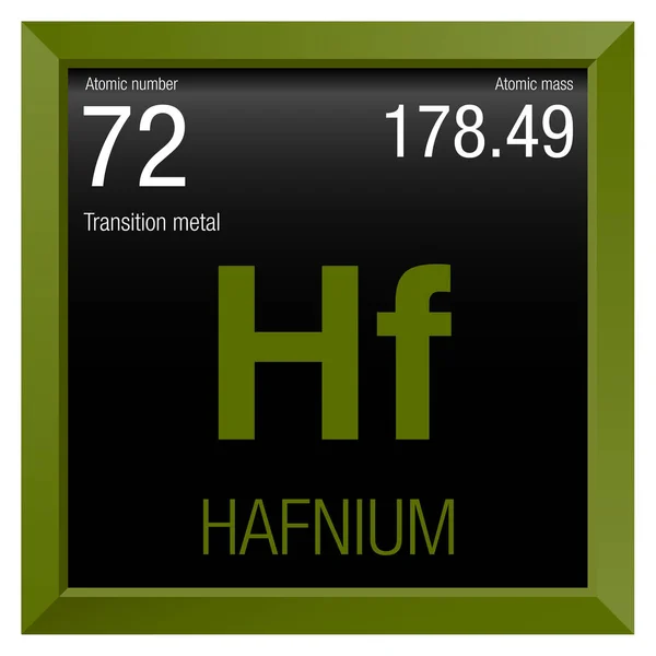 Hafnium symbol. Elementnummer 72 i det periodiska systemet av element - kemi - grön fyrkantig ram med svart bakgrund — Stock vektor